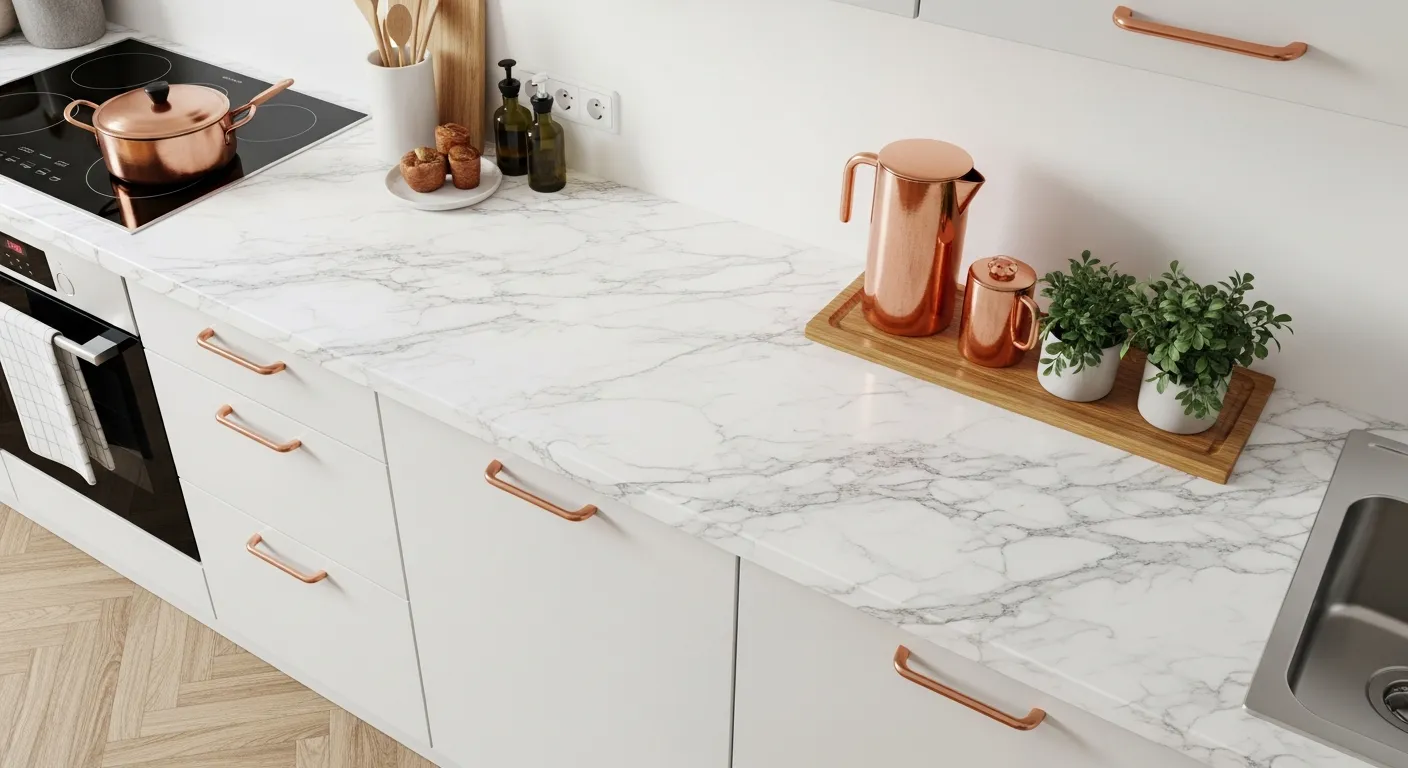 Plan de travail cuisine recouvert d'adhésif effet marbre blanc